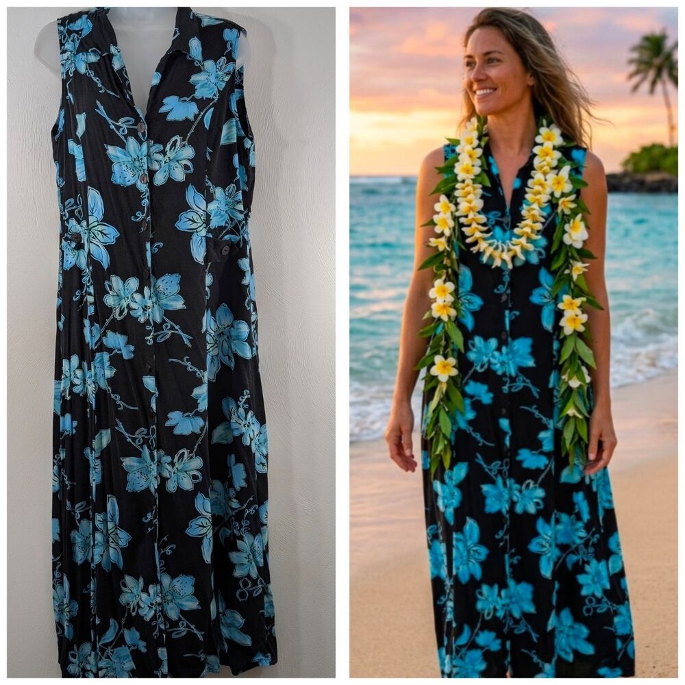 Vintage White Stag Aloha Floral Large Maxi Dress Festival  Vacation Ready